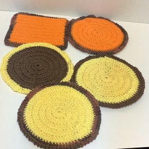 Vintage Yellow orange brown fall colors hand knitted pot holders hot pot spots